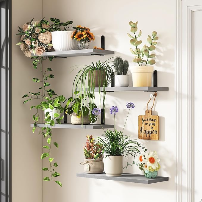 Fixwal Grey Floating Shelves for Wall, 4 Sets Wood Shelves Farmhouse Wall Shelf Wall Mounted Floating Shelves for Bedroom Decor, Bathroom Storage, Book Shelf for Wall - Grey