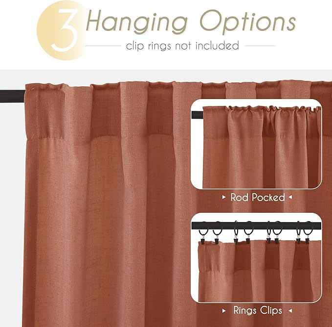 84 inch Linen Terracotta Curtains 2 Panels for Living Room Back Tab Light Filtering Semi Sheer Rust Colored Curtains 84 inches Long Soft Thick Cotton Cloth Textured Rustic Boho Farmhouse Room Decor