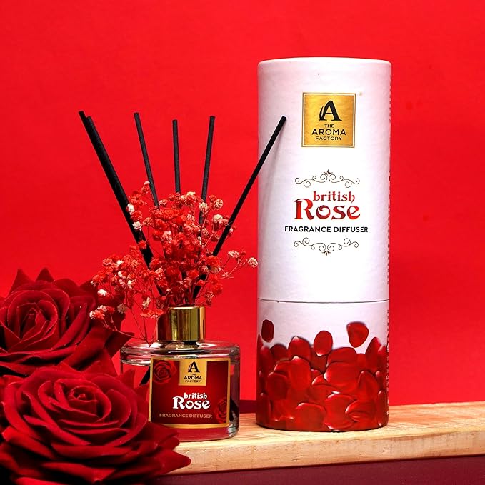 The Aroma Factory Fragrance Reed Diffuser Set with Natural Essential Oil, Aroma Sticks & Real Preserved Flowers | Luxury Home Decor Scent (British Rose, 1 Pack)