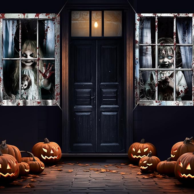 2 Pcs Halloween Boy and Girl Scary Curtain Halloween Window Silhouette Decoration Blood Ghost Window Cover Horror Theme Window Poster for Indoor Outdoor Party Wall Garage Door Decor