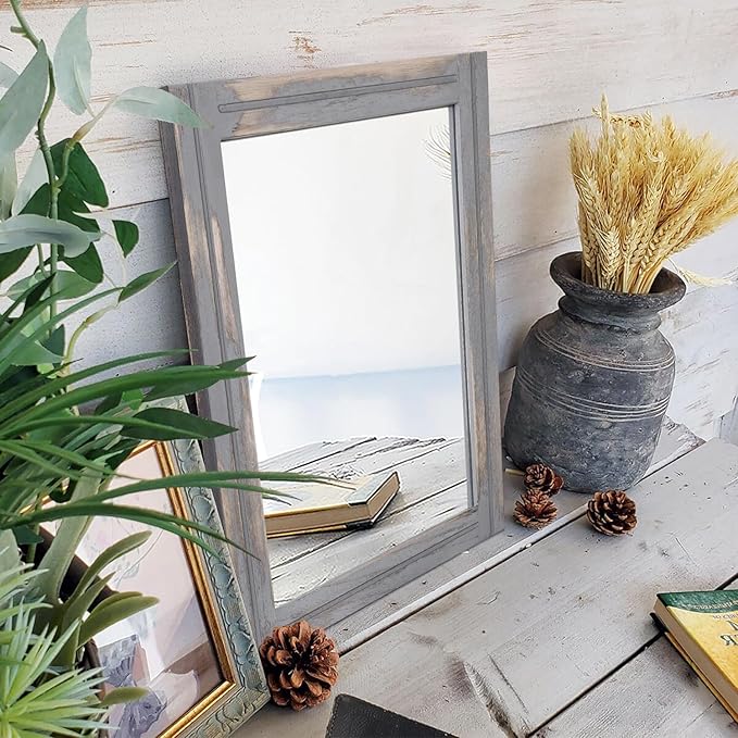 AAZZKANG Wood Framed Mirror Rectangular Rustic Wall Mirrors Decorative Small for Farmhouse Bathroom Living Room Bedroom Grey