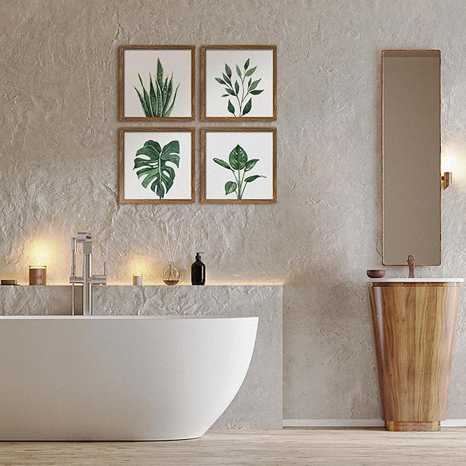 ArtbyHannah Framed Bathroom Wall Decor, 10x10 Inch Botanical Wall Art with Sage Green Plant Print for Wall Decoration, Minimalist Restroom Decor (Walnut)