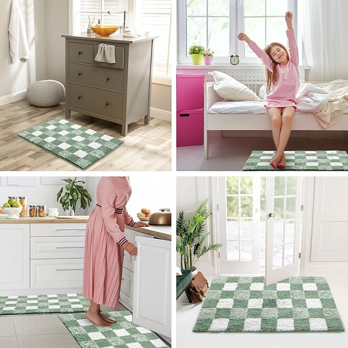 CozeCube Checkered Bath mats for Bathroom Non Slip, Plush Shaggy Bath Rugs for Bathroom Washable, Buffalo Plaid Bath mat, Sage Green, 47" x 24"