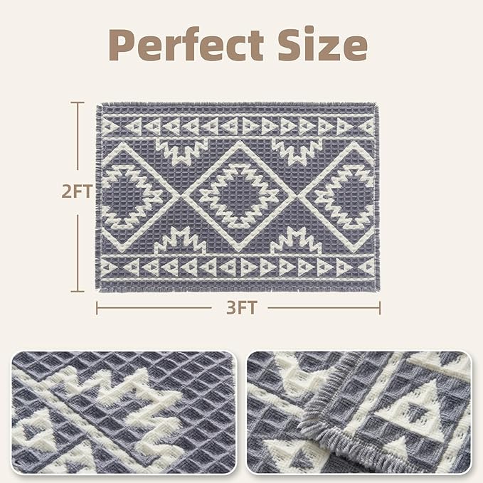 PADOOR-Waffle Bath Mat 24"x36"-Super Absorbent Bath Mats for Bathroom, Machine Washable Non Slip Bathroom Rug with Tassels, Soft Bathroom Mat for Laundry Room, Bedroom, Grey & Cream, 2'x 3'