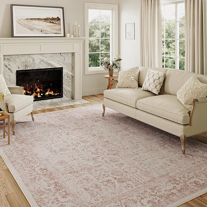 Pink Area Rug 8x10 Machine Washable Large Vintage Living Room Distressed Non Slip Carpet Traditional Indoor Bedroom Retro Floral Accent Throw Rug for Office Kitchen Dining Room