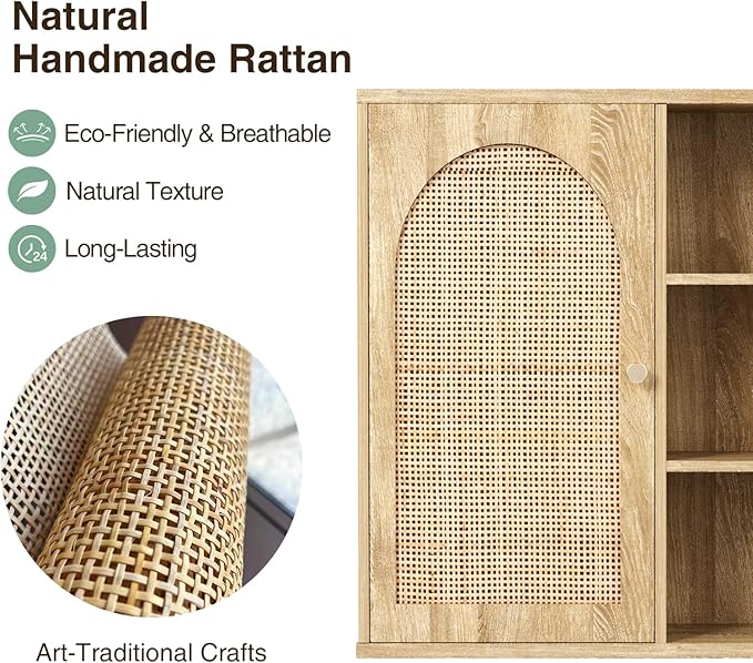 Rattan Bathroom Wall Cabinet with Door, Boho Medicine Wall Cabinets with Adjustable Shelves, Tall Kitchen Wall Mounted Storage Cabinet, Floating Hanging Cabinet Space Saver for Laundry Room, Natural