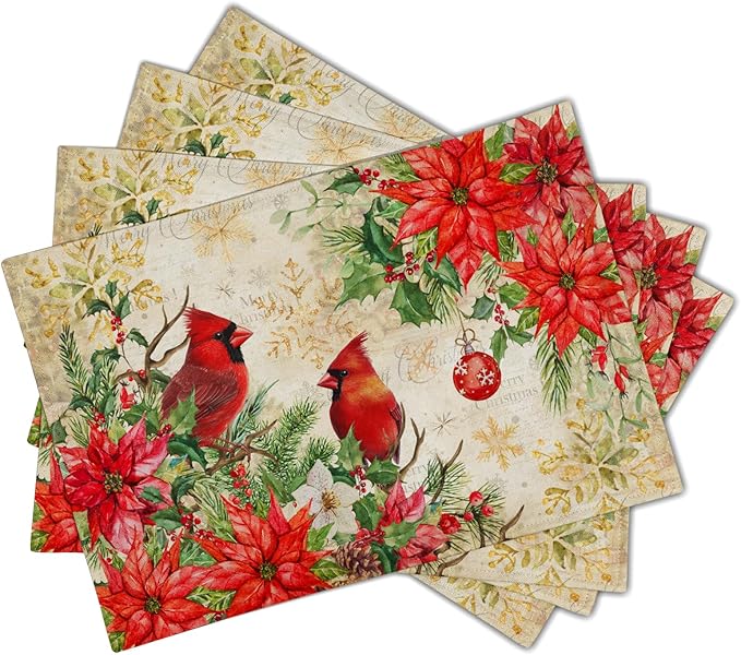 Winter Red Birds Placemats Set of 4 Xmas Holly Berry Pine Cones Place Mat for Kitchen Dining Decor 12 x 18 Inch Watercolor Poinsettias Linen Fabric Table Mats for Home Holiday Seasonal Party