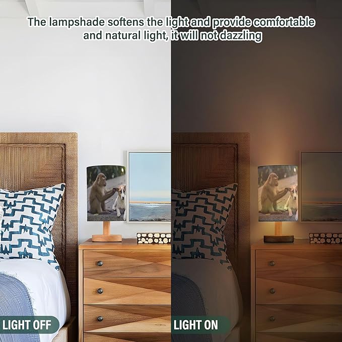 Table Lamp Monkey and Dog Animal Nightstand Lamp with Wood Base Fabric Lamp Shade Bedside Desk Lamp for Living Room Bedroom Kids Room Office