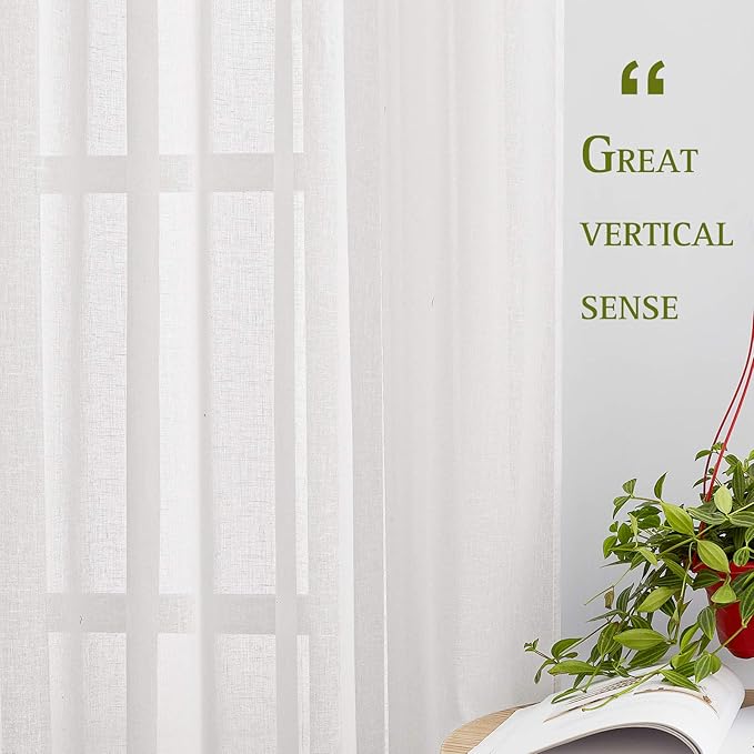 NICETOWN White Flax Linen Sheer Bedroom Curtains Grommet, Decorative Window Treatment Draperies Privacy with Light Through for Kitchen/Nursery/Bathroom,W52 x L54, Sold as 2 Panels