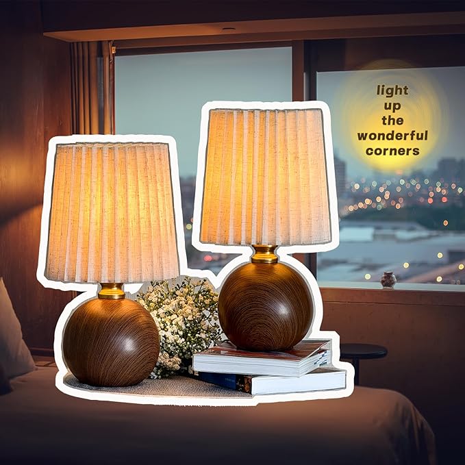 Small Pleated Table Lamp Set of 2 for Bedroom, Mini Bedside Lamps for Nightstand with Round Fabric Linen Shade, Dimmable Desk Lamp, Cute Table Lamps for Small Spaces for Living Room, Kids Room