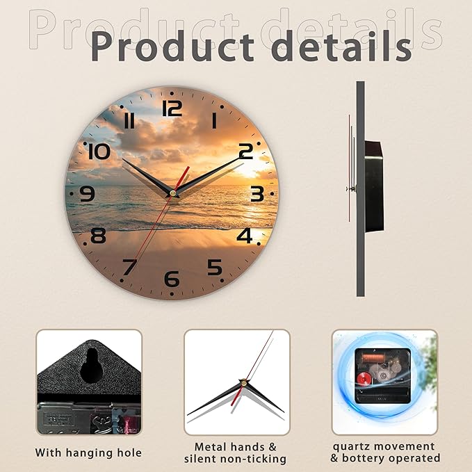Sunset Beach Wall Clock - Vintage Wooden, Silent Non-Ticking, Battery Operated, Arabic Numerals, Decorative for Kitchen, Office, Classroom - 10 Inch
