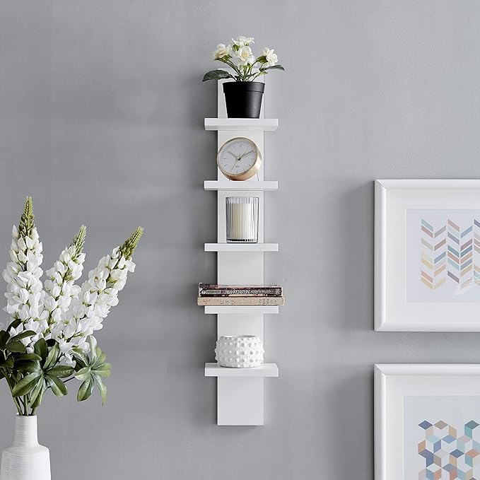 Danya B 5 Tier Wall Shelf Unit Narrow - Vertical Column Ladder Shelf, Floating Storage, Home Decor Organizer, Tall Tower Design, Utility Shelving, Bedroom, Living Room (White)