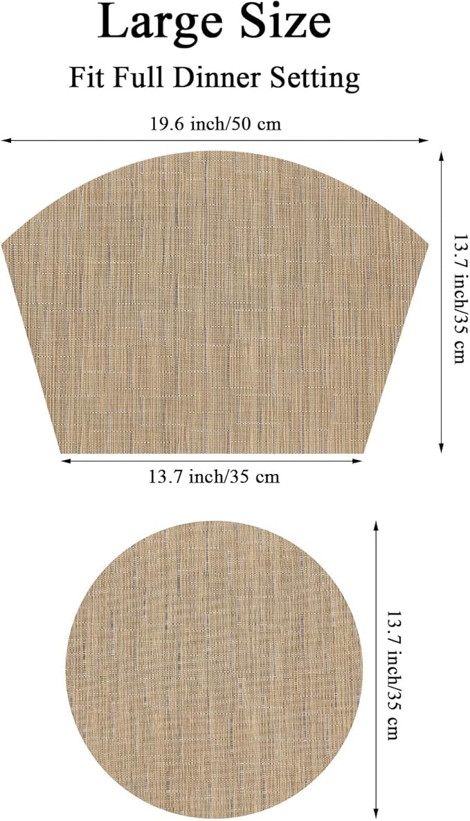 SHACOS Large Size Wedge Placemats with Centerpiece Mat Set of 5, PVC Woven Vinyl Placemats for Round Table Washable Indoor Outdoor Table Mats Reversible Durable, Tan