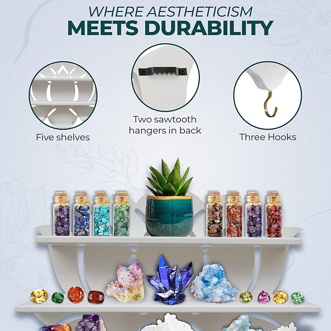 Chakral Wooden Lotus Flower Shelf for Crystals - Floating Crystal Display Shelf & Holder, Wall Decor for Bedroom Aesthetic, Pinewood (White)
