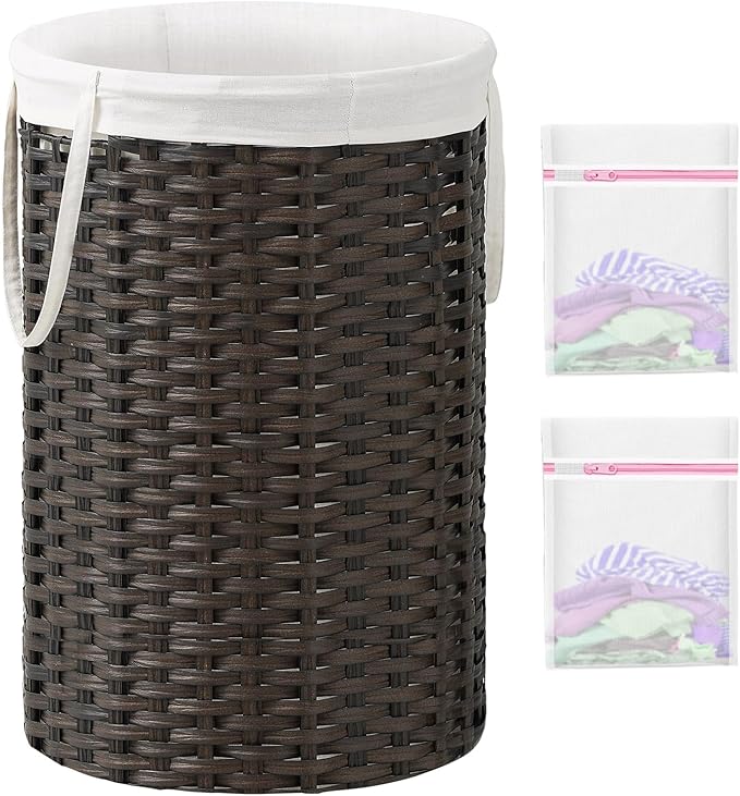 Large Laundry Hamper Laundry Basket Round 34.3 Gal (130 L) Handwoven Wicker Laundry Baskets Rattan Laundry Basket with Removable Bag Handles 2 Mesh Bags for Living Room Bedroom Brown