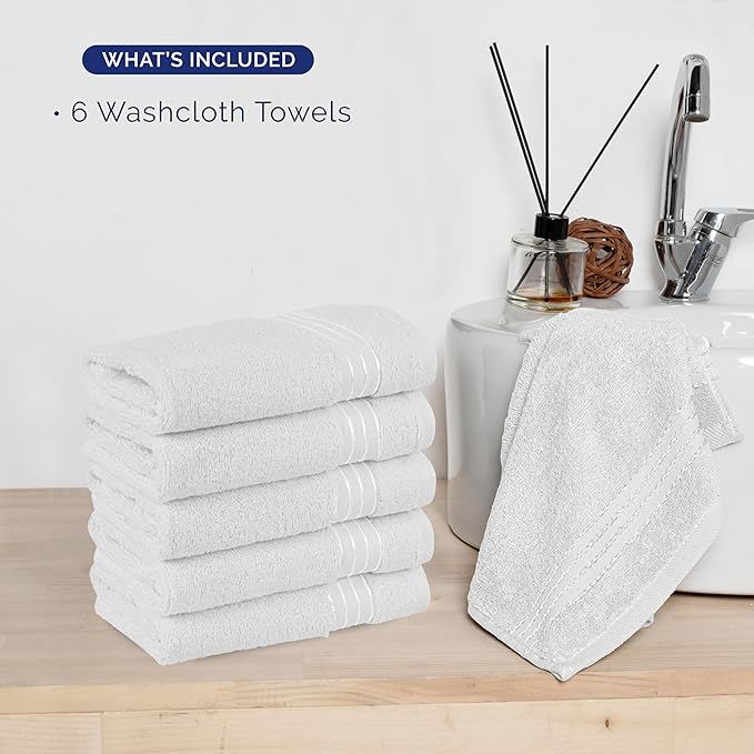 Elegant Comfort Premium Turkish Cotton 6 Pack Washcloths Set - 13 x 13 inch, Luxurious Hotel Spa Quality 100% Turkish Cotton 6PC Washcloth Set - Highly Absorbent - Soft Bathroom Towels, White