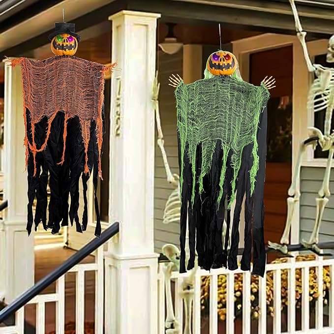FUNPENY 2 Pack 5.2' Hanging Ghost Pumpkin with Bendable Arms, Halloween Skeleton Pumpkin Decorations with Color Changing Lighted Eyes for Halloween Party Lawn Outdoor Indoor Decor