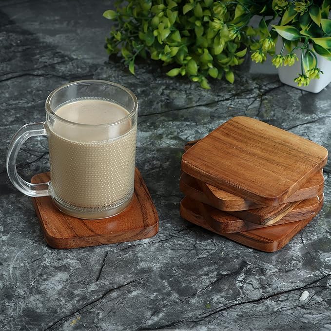 Set of 36 Acacia Wood Coasters |4 x 4 Inches|10 mm Thick| Rustic Looking Water Proof Coating for Durability and Long Lasting Shine