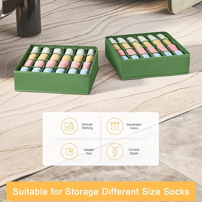 Joyoldelf Sock Drawer Organizer Divider 2 Packs Underwear Organizer, 24 Cell Closet Organizers and Storage Organizer Sock Holders Organizers for Storing Socks, Handkerchiefs, Ties, Belts (Green)