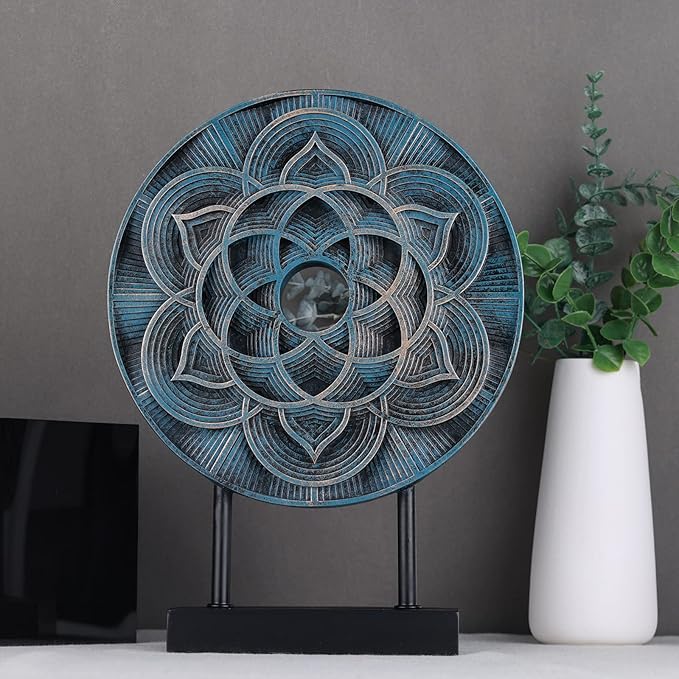 DOVDOV Unique Geometric Pattern Statue, Hand Carved Modern Home Decor Style, Table Carving Statue Accessory for Living Room Entrance Shelves (Blue)