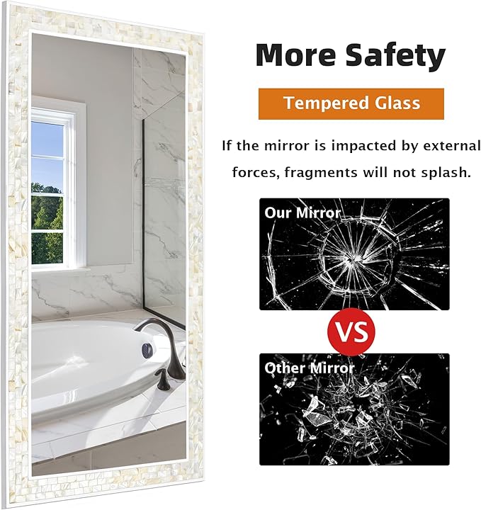 Tanmicoshomy 24 x 47Inch Rectangle Wall Mirror, Natural Shell Framed Rectangular Mirror for Bathroom, Vanity, Bedroom, Living Room, Entryway, Wall Mounted Horizontal or Vertical, White