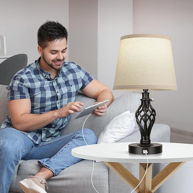 PARTPHONER Table Lamps Set of 2, Farmhouse Bedside Lamps with USB Ports, Nightstand Lamp Cream Drum Shade Spiral Cage Base Desk Lamps for Living Room Bedroom Study Room without Bulb