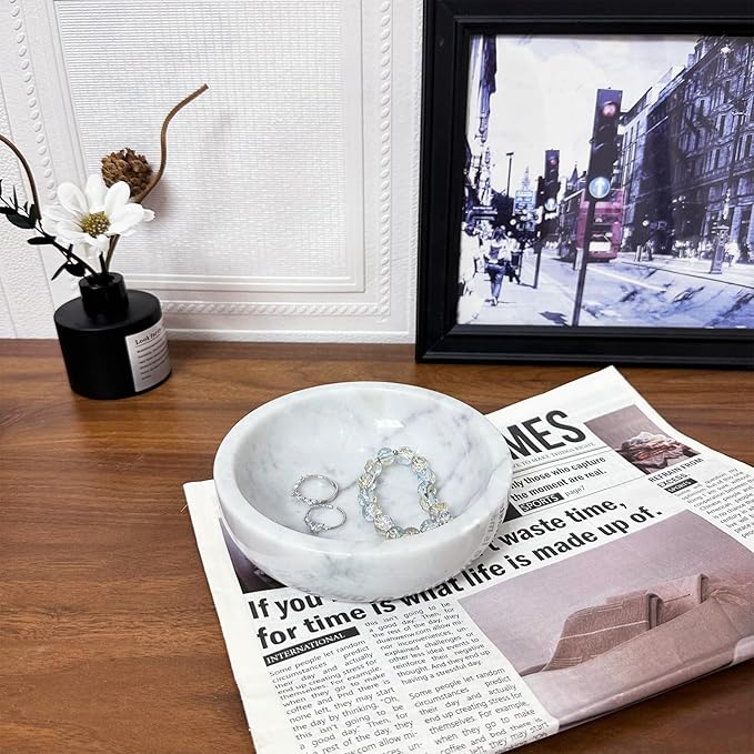 Small Decorative White Marble Bowl, 5.9 inches,Natural Stone Round Bowl for Home Decor, Fruit, Nuts, Jewelry tray,Coffee Tables Centerpiece, Soap Serving (White-small)