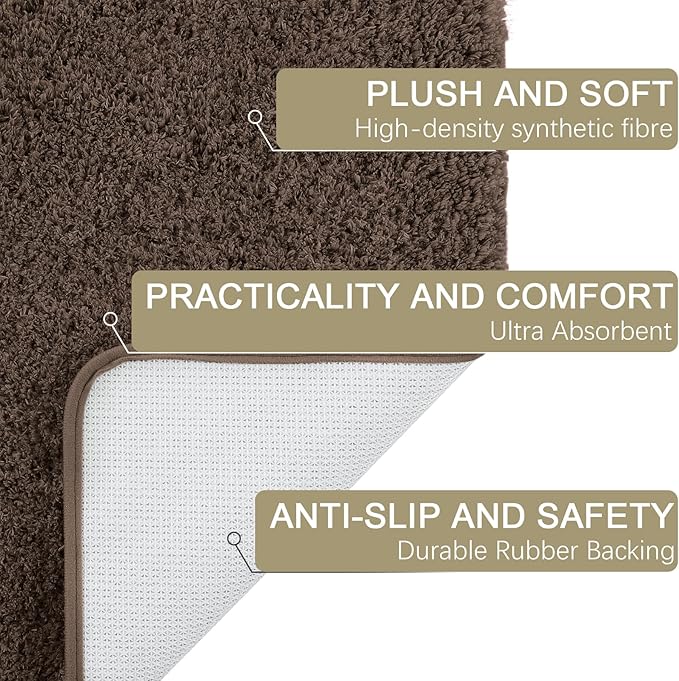 AROGAN Luxury Long Bathroom Runner Rug, 24x60 Inch Thick Soft and Absorbent Non Slip Bath Mat, Rubber Backing Quick Dry Rugs Carpets, Machine Washable Plush Mats for Shower Floor, Deep Brown