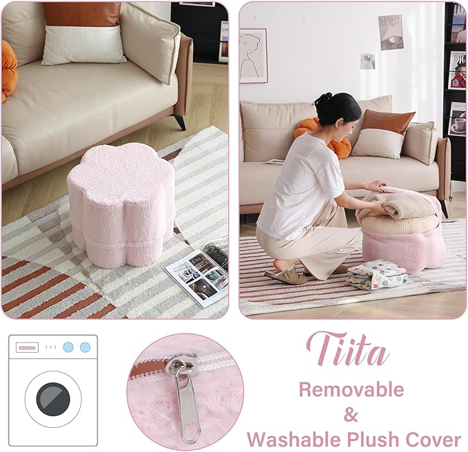 Tiita Floral Pouf Ottoman, Foot Stools Ottoman with Foam Chunk Filling, Puff Foot Rest for Couch, Living Room, Kids Room, Pink