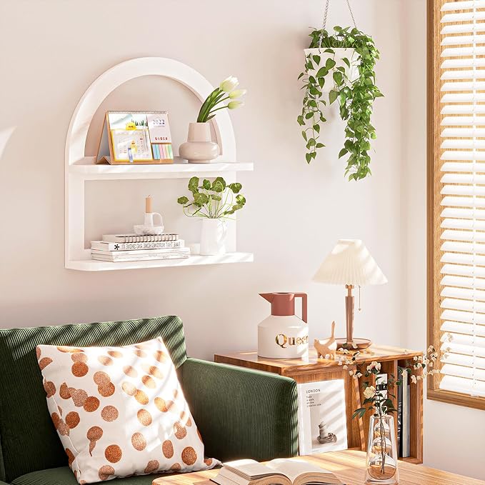 2 Tier Natural Arched Wall Shelf, Pine Wood Fan-shaped Nursery Floating Shelf, Cute Boho Shelf for Neutral Nursery Decor, Arched Bookshelf for Storage, Wooden Decorative Shelf for Home & Office, White