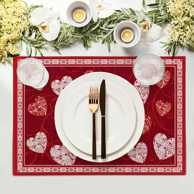 Giwawa Love Heart Placemats Set of 4, Valentines Day Red White Hearts Print Linen Place Mat 12x18 Inch, Romantic Non-Slip Washable Table Mats Kitchen Dining Tabletop Holiday Party Wedding Decor
