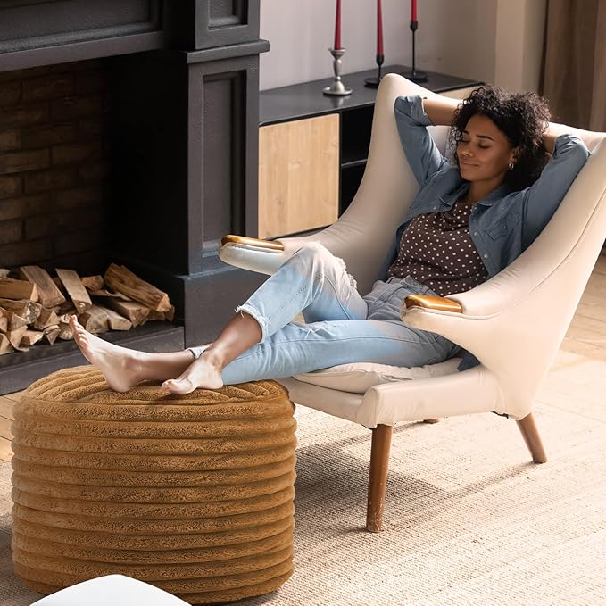 2 Pcs 26 x 18 Inch Unstuffed Pouf Cover Ottoman Foot Rest - No Filler, Faux Rabbit Fur Foot Stool Floor Bean Bag Floor Chair Storage for Living Room Bedroom Home Decor(Brown)
