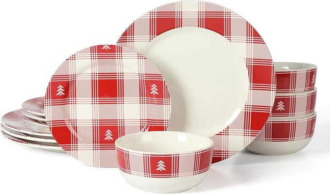 Martha Stewart Plaid Decorated Red and White Stoneware Dinnerware Set, Service for 4 (12pcs)