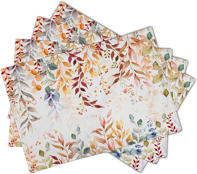 Fall Eucalyptus Leaf Table Placemats Set of 4, Colorful Leaves Heat-Resistant Tabletop Place Mats 12x18 Inch Autumn Seasonal Outdoor Table Mats Decorations for Party Dining Kitchen
