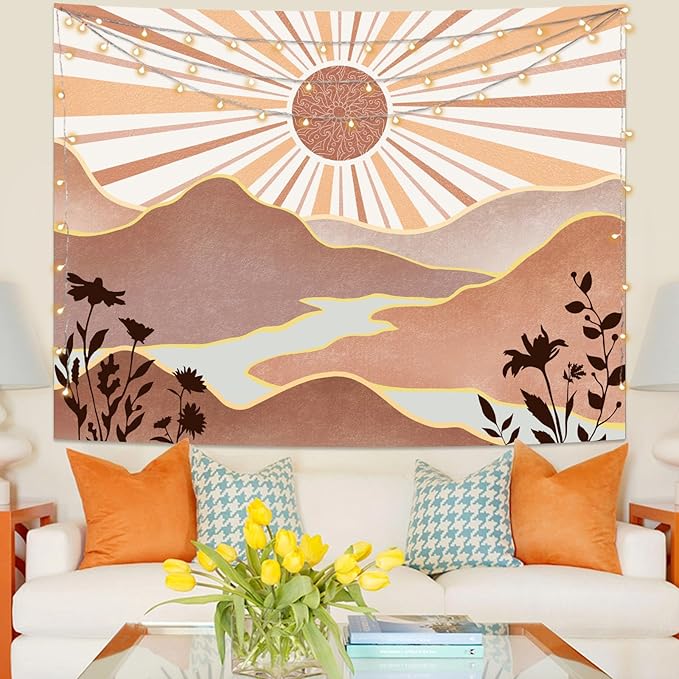 Lunerfex Boho Sun Tapestry Sunset Wall Tapestry, Mountain Tapestries for Bedroom 80s Tapestries Wall Hanging for Bedroom Living Room Wall Decor Boho-1 70"x90"