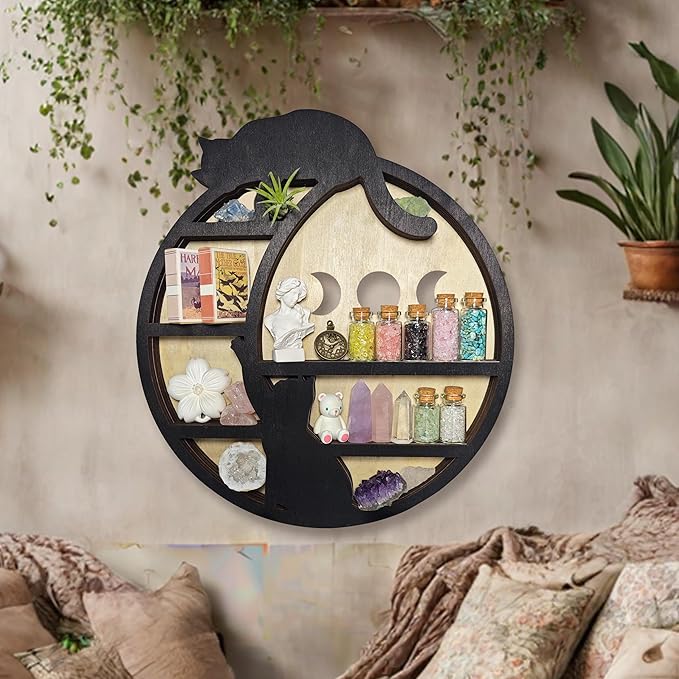 Cats on The Moon Crystal Display Shelf, Wooden Hanging Floating Shelf, Crescent Moon Phase Shelf Stones Essential Oil Organizer Rock Storage Gem Holder Wood Gothic Witchy Boho Home Wall Decor
