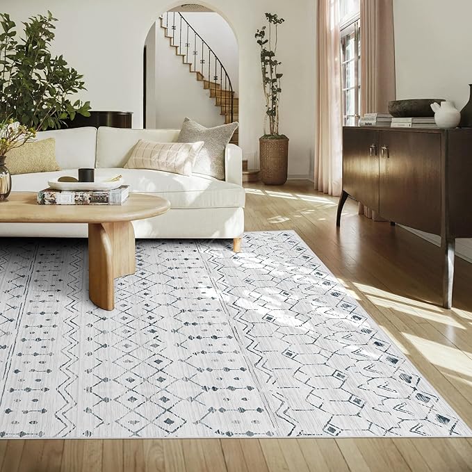 Deerly Living Room 8 x 10 Rug, Boho Moroccan Farmhouse Washable Distressed Area Rug with Non-Slip Backing, Large Soft Neutral Morden Indoor Carpet for Bedroom Dining Room, White/Dark Grey