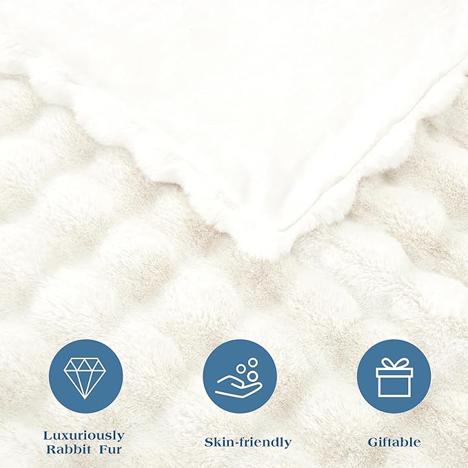 JONIYEAR Soft Fuzzy Bubble Faux Rabbit Fur Throw Blanket for Couch 50" x 60", Double Sided Textured Warm Fluffy Blanket for Winter, Luxury Cozy Puffy Shaggy Comfy Furry Blankets for Chair, Cream White