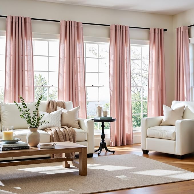 jinchan Pink Linen Blend Curtains 90 inch Length 2 Panels for Bedroom Living Room, Light Filtering 50 inch Wide Farmhouse Drapes with Rod Pocket Back Tab(50W x 90L, Pink)