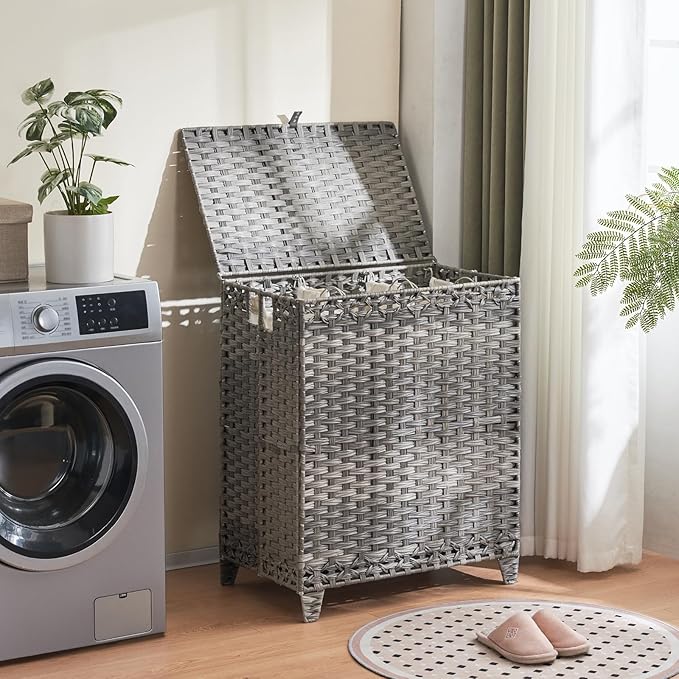 Laundry Hamper with Lid, 190L Large Laundry Basket 3 Section with 6 Removable Liner Bags & 3 Mesh Laundry Bags, Handwoven Rattan Clothes Hamper with Heightened Feet, No Install Needed, Grey