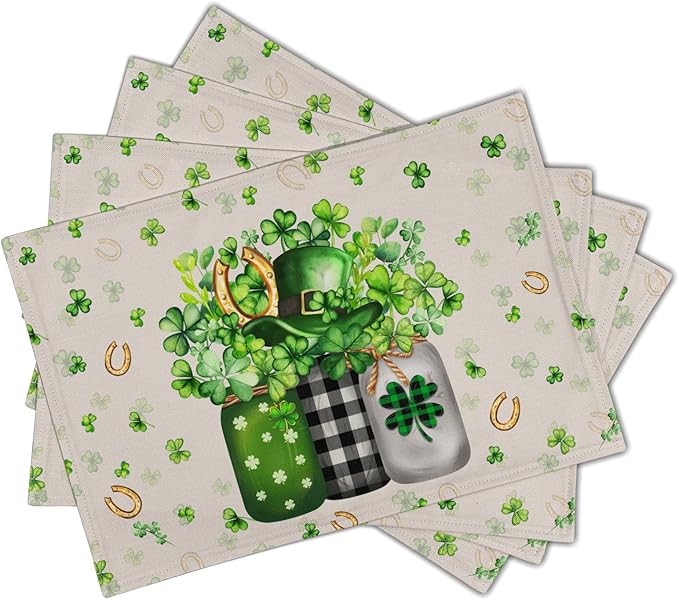 Giwawa 12"x18" Patrick Vases Placemats Set of 4 Lucky Shamrocks Horseshoes Mason Jars Place Mat Spring Clovers Leaf Elf Hat Washable Linen Table Mats for Party Kitchen Dining Holiday Decor