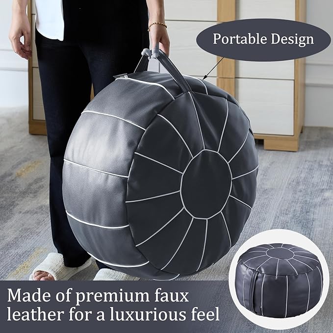 Louis Donné Unstuffed Pouf Ottoman Cover, Faux Leather Foot Stool for Foot Rest, Moroccan Style Pouffe Ottomans, 21" Round Handmade Small Bean Bag Covers for Storage, Footstools for Living Room