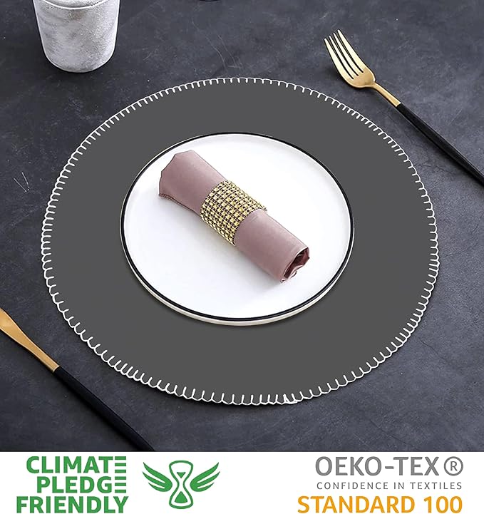 Urban VillaPlacemats Embroidery with White Stitches Grey Color Round Placemats 100% Cotton Fused Placemats 16'' Round Over Sized Set of 6 Ribbed WeavePlacemats Heavier Quality