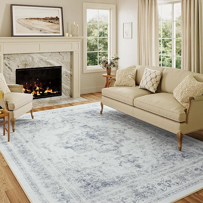 Area Rug 4x6 Washable Blue Rug Vintage Boho Medallion Entryway Door Mat Distressed Retro Carpet Non Slip Low Pile Small Soft for Office Kitchen Bedroom Laundry Bathroom Hallway