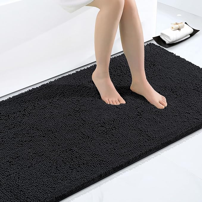 Smiry Luxury Chenille Bathroom Rugs 40x32, Extra Soft and Absorbent Shaggy Bath Mat, Machine Washable, Non-Slip Plush Carpet Runner for Tub, Shower, and Floor, Home Decor Accessories, Black