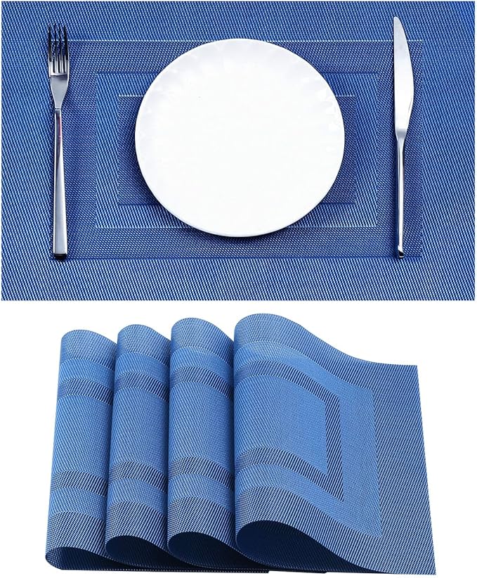 Leetaltree Blue Frame Placemats Set of 4 - Heat Resistant Non-Slip Place mats for Dining Table, Washable Durable PVC Vinyl Woven Table Mats(Blue Frame, 4)