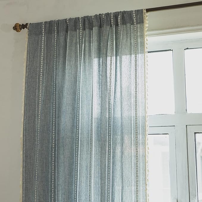 Sutuo Home Blue Boho Curtains for Bedroom Living Room, Semi-Blackout French Country Striped Linen Vintage Shabby Chic Tassels Hollow Window Treatment Bohemian Drape, 1 Panel 52" W x 96" L