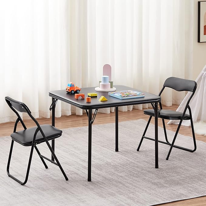 VECELO Kids Folding Activity Table & 4 Padded Chairs Portable Desk & No Assembly Required, 3 Piece Set, Black
