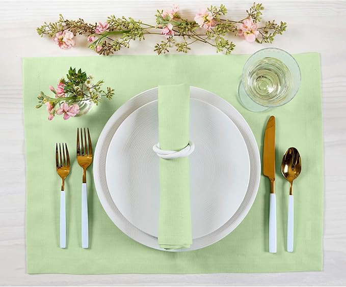 Solino Home Linen Cloth Placemats Set of 4-100% Pure Linen Pastel Green Placemats 14 x 19 Inch for Summer - Fete