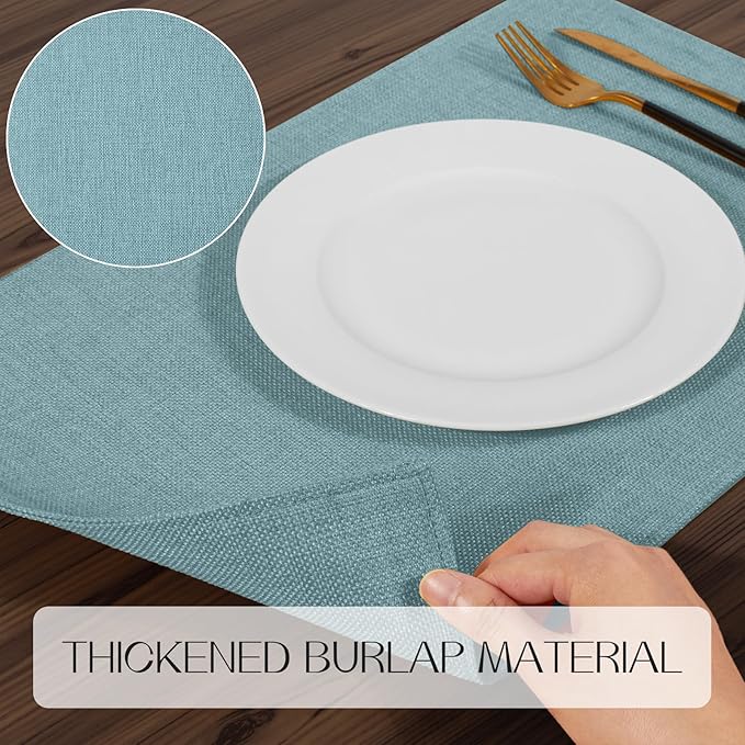 Romanstile Cloth Placemats Set of 8-12 x 18 Inch, Heat Resistant Double Layered Thickened Burlap Place Mats, Washable Linen Farmhouse Table Mats for Kitchen/Dining/Party/Outdoor, Teal